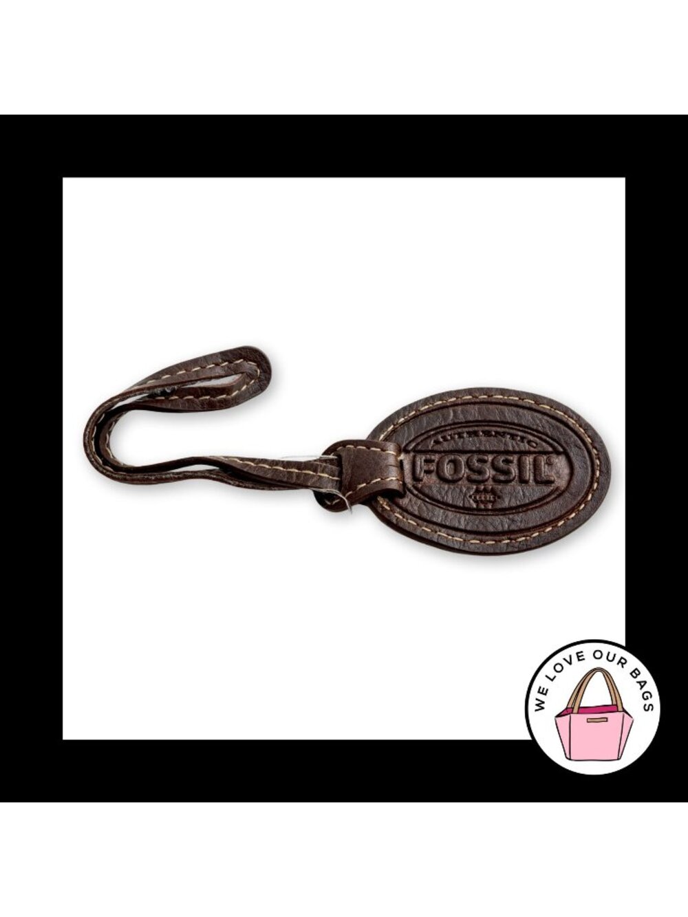 FOSSIL Oval Brown Leather Loop Strap Bag Charm Hang Tag Keychain Fob
